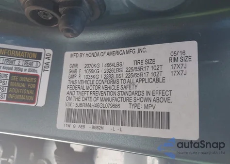 2016 Honda Cr-V Se z USA, uszkodzony, nr VIN 5J6RM4H46GL079686